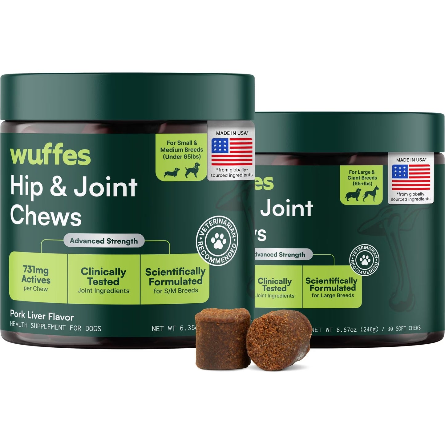 Wuffes Advanced Hip & Joint Chews with Glucosamine & Chondroitin Pork Liver Flavored Soft Chews for All Dogs