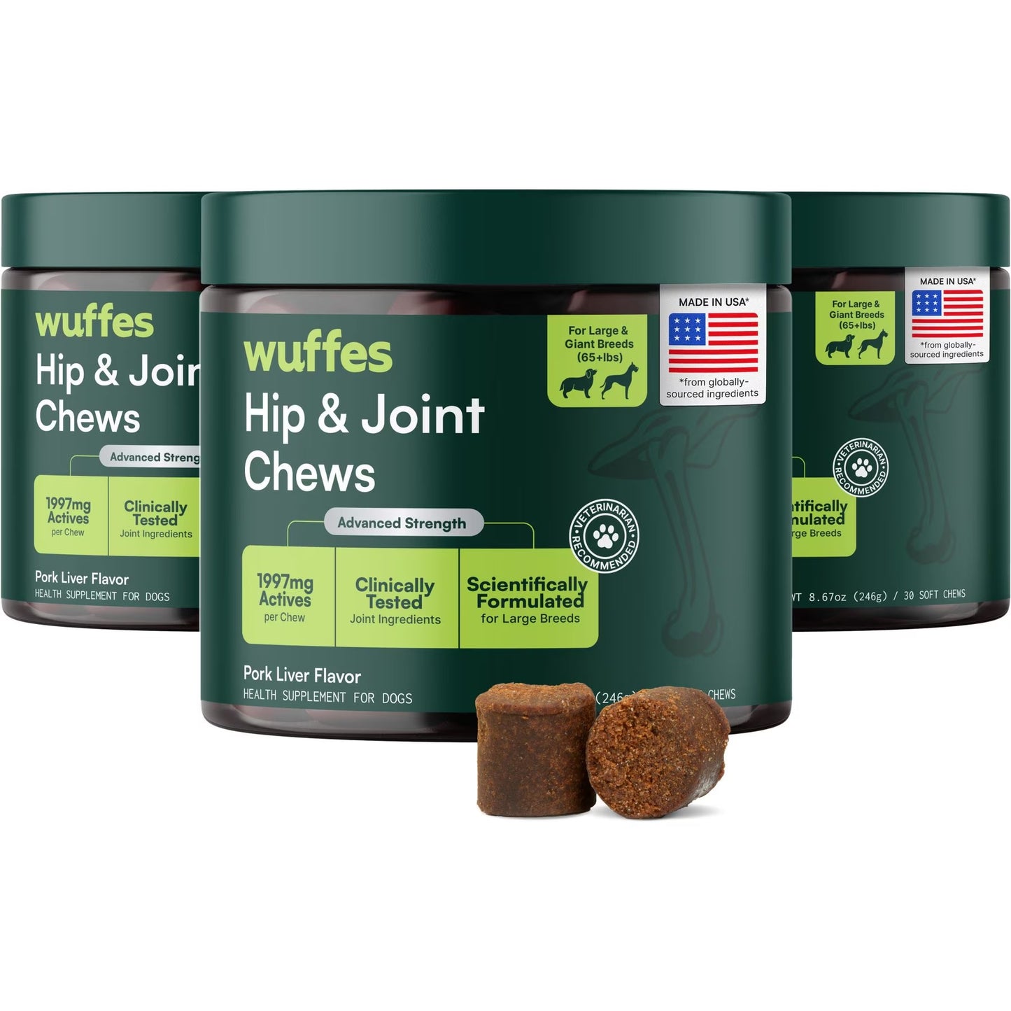 Wuffes Advanced Hip & Joint Chews with Glucosamine & Chondroitin Pork Liver Flavored Soft Chews for All Dogs