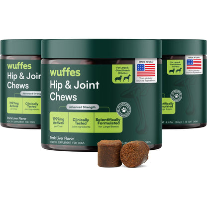 Wuffes Advanced Hip & Joint Chews with Glucosamine & Chondroitin Pork Liver Flavored Soft Chews for All Dogs