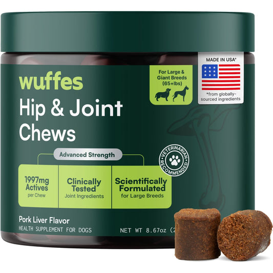 Wuffes Advanced Hip & Joint Chews with Glucosamine & Chondroitin Pork Liver Flavored Soft Chews for All Dogs