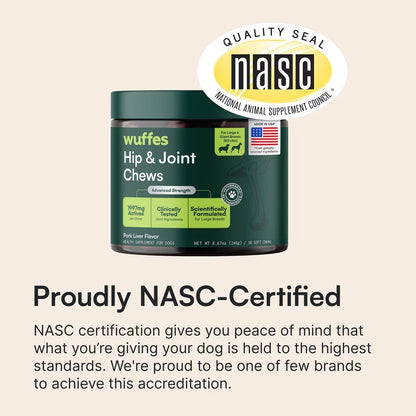Wuffes Advanced Hip & Joint Chews with Glucosamine & Chondroitin Pork Liver Flavored Soft Chews for All Dogs